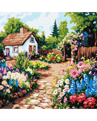 Картина за номерами - Квіти біля хатини