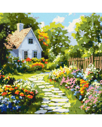 Картина за номерами - Квіти біля хатини
